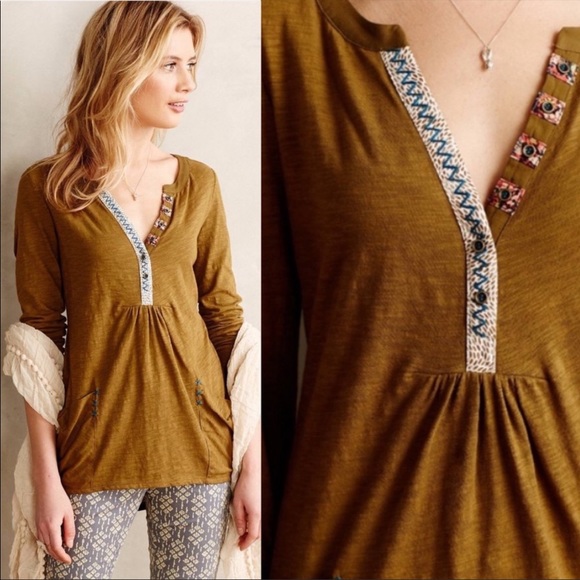 ANTHROPOLOGIE LITTLE YELLOW BUTTON Calantha Long Sleeve Henley—SZ. XS - Picture 5 of 15